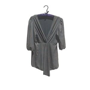 Vtg Peasant‎ Renaissance Tunic Top Sz L Pleated Bishop Green Metallic Print